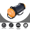 A fitness power bag with handles, resting on a white surface with a gray curved overlay at the bottom. Below the bag are four circular icons with text. Produktbild-Vorschau