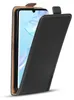 A black flip case for a smartphone is shown with the front cover open, revealing the phone screen. Produktbild-Vorschau