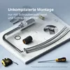 A collection of plumbing parts and tools laid out on a marble surface, with text overlay. Produktbild-Vorschau