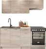 A modern kitchen unit with cabinets, a sink, a faucet, and a stove, presented against a white background. Produktbild-Vorschau