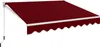 A maroon awning with a white trim and scalloped edge, extended from a white frame with a hand crank. Produktbild-Vorschau