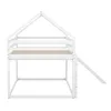 A white wooden loft bed with a slide, shown from the side. Produktbild-Vorschau