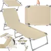 A collage of images showing a foldable sun lounger in beige and silver, including a folded state and a close-up of its construction. Náhled obrázku produktu