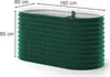 A green corrugated metal raised garden bed with dimensions indicated. Voir les images du produit