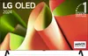 A marketing image for an LG OLED TV, featuring abstract colorful fabric-like shapes and text overlays. Produktbild-Vorschau