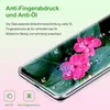 A close-up of a smartphone screen protector with flowers and water droplets, highlighting its anti-fingerprint and anti-oil properties. Produktbild-Vorschau