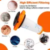 A vacuum cleaner filter is shown with various types of debris it can filter, such as pet dander, dust, sawdust, viruses, scraps of paper, and hair. The text highlights its high efficiency filtering capabilities. Produktbild-Vorschau