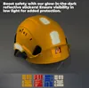 A yellow safety helmet with reflective stickers and a visor, shown with a selection of sticker colors at the bottom. Produktbild-Vorschau