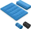 A blue foldable mattress and its rolled-up storage bag are displayed against a white background. Produktbild-Vorschau