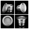 A collage of four images showing different views of a reusable stainless steel coffee capsule. Náhled obrázku produktu