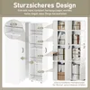 A white cabinet with shelves and doors, showing dimensions and different book arrangements. Produktbild-Vorschau