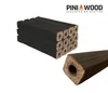 A stack of hardwood briquettes and a single briquette in the foreground, with a logo and text in the upper right corner. Produktbild-Vorschau