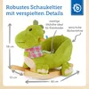 A green plush dinosaur rocking toy with wooden rockers, featuring text overlays and dimensions. Produktbild-Vorschau