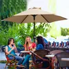 Three women sitting at a table under a large umbrella at an outdoor cafe. Produktbild-Vorschau