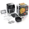An air fryer and its accessories are laid out next to its packaging. Produktbild-Vorschau