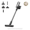 A cordless vacuum cleaner with several attachments displayed separately, and a warranty badge. Produktbild-Vorschau