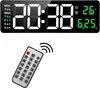 A digital wall clock and its remote control are displayed against a white background. Produktbild-Vorschau