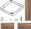 A collection of items for assembling a shelf, including a metal frame, wooden planks, screws, and a screwdriver. Produktbild-Vorschau
