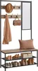 A coat rack with a bench and shoe storage, featuring a mirror and hooks for coats and hats. Produktbild-Vorschau