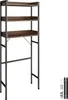 A three-tiered shelf unit with a dark wood finish and a dark metal frame, shown against a white background. Small hardware pieces are visible in the bottom right corner. Náhled obrázku produktu
