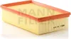 A rectangular air filter with a yellow pleated filter medium and an orange plastic frame, shown on a white background. Produktbild-Vorschau