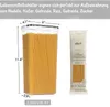 A clear plastic food storage container filled with spaghetti, shown next to a package of spaghetti. Dimensions are indicated with lines and numbers. Produktbild-Vorschau