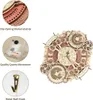 A 3D wooden puzzle clock with detailed gears and a zodiac-themed face, shown with close-up insets highlighting craftsmanship, the quartz movement, and a wall hook. Voir les images du produit