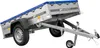 A silver utility trailer with a blue tarp cover, shown from a diagonal angle against a white background. Podgląd zdjęcia produktu