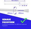 Diagram showing an adjustable tension rod with measurements and feature callouts. Produktbild-Vorschau