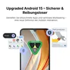 A smartphone is shown with various interface elements and marketing text highlighting Android 15 features. Produktbild-Vorschau