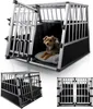 A collage of images showing a dog crate from different angles, with a dog inside one of the views. Produktbild-Vorschau