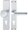 A silver door handle set with a knob and lever on a white background. Podgląd zdjęcia produktu