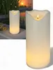 A collage showing a large LED candle in two different views, one close-up and one showing it in an outdoor setting. Produktbild-Vorschau