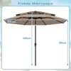 A diagram showing the dimensions of a patio umbrella against a beach background. Náhled obrázku produktu