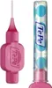 A pink interdental brush and a clear plastic tube containing interdental brushes with blue dots. Podgląd zdjęcia produktu