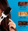 A person is using a white hair straightening brush on their brown hair, with different hair types and recommended temperatures displayed on the right side of the image. Produktbild-Vorschau