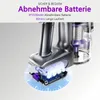 Close-up of a cordless vacuum cleaner's internal battery compartment, with marketing text overlay. Produktbild-Vorschau