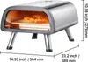 A silver pizza oven with a pizza inside, shown on a white background with dimension lines and measurements. Produktbild-Vorschau