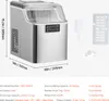 A stainless steel ice maker with its accessories and dimensions displayed. Náhled obrázku produktu
