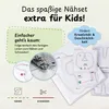 Marketing image for a kids' sewing kit, showing instructions and benefits. Produktbild-Vorschau