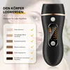 An advertisement for an IPL hair removal device, showing the device and a chart of skin tones and their suitability. Produktbild-Vorschau
