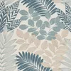 A close-up view of a fabric pattern featuring various types of leaves in blue, light blue, and beige tones. Produktbild-Vorschau