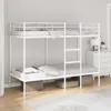 A white metal bunk bed with mattresses and storage boxes underneath, set in a room with wooden flooring and a light gray wall. Produktbild-Vorschau