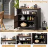 A multi-panel image showing a brown rattan outdoor cabinet with a wooden top, displaying various items on its shelves and top. The main image shows the cabinet with doors open, and smaller inset images highlight different views and storage configurations. Produktbild-Vorschau