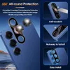 A blue smartphone with a camera lens protector shown from different angles, with text highlighting its features. Produktbild-Vorschau