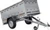 A silver utility trailer with a grey tarp cover is shown from a diagonal angle against a white background. Podgląd zdjęcia produktu