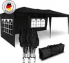 A black pop-up tent with windows and folded tent poles and a carrying bag. Produktbild-Vorschau