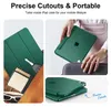 Collage of images showing an iPad case in green, with close-ups and lifestyle shots. Produktbild-Vorschau
