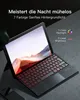 A tablet with a keyboard attached, displaying a landscape image on its screen and a red backlit keyboard. Produktbild-Vorschau
