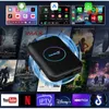 A collage of product images, app interfaces, and movie posters, with a central focus on a black Carlinkit device. Produktbild-Vorschau